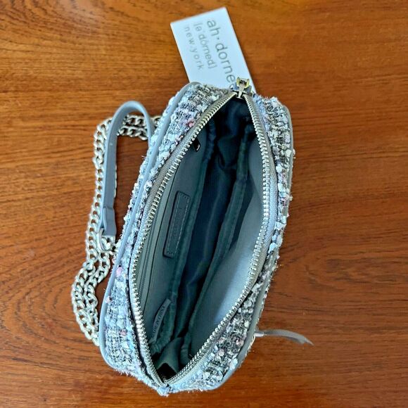 Crossbody Bag Ah-Dorned Taylor Tweed Grey White Pink NWT Camera Bag Chain - Picture 6 of 10